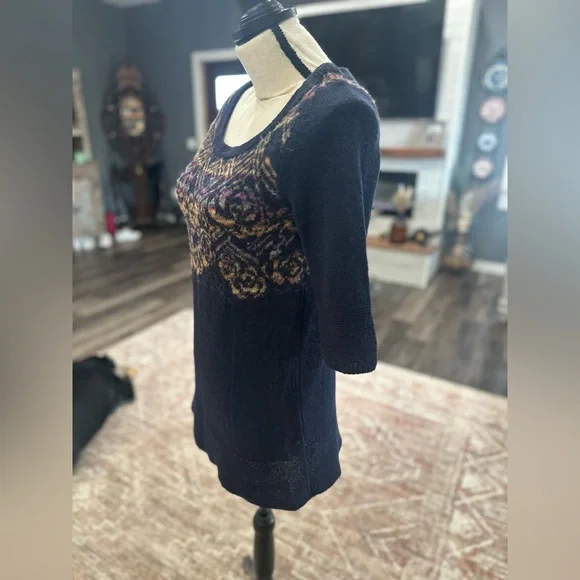 Free People Mini Sweater Dress Navy Blue Fair Isle Nordic Tunic Wool Blend XS - Picture 2 of 6